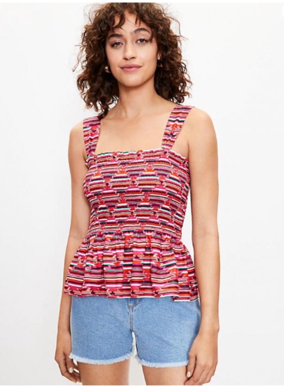 LOFT Red Colorful Ikat Smocked Peplum Cami Plum Kiss // M